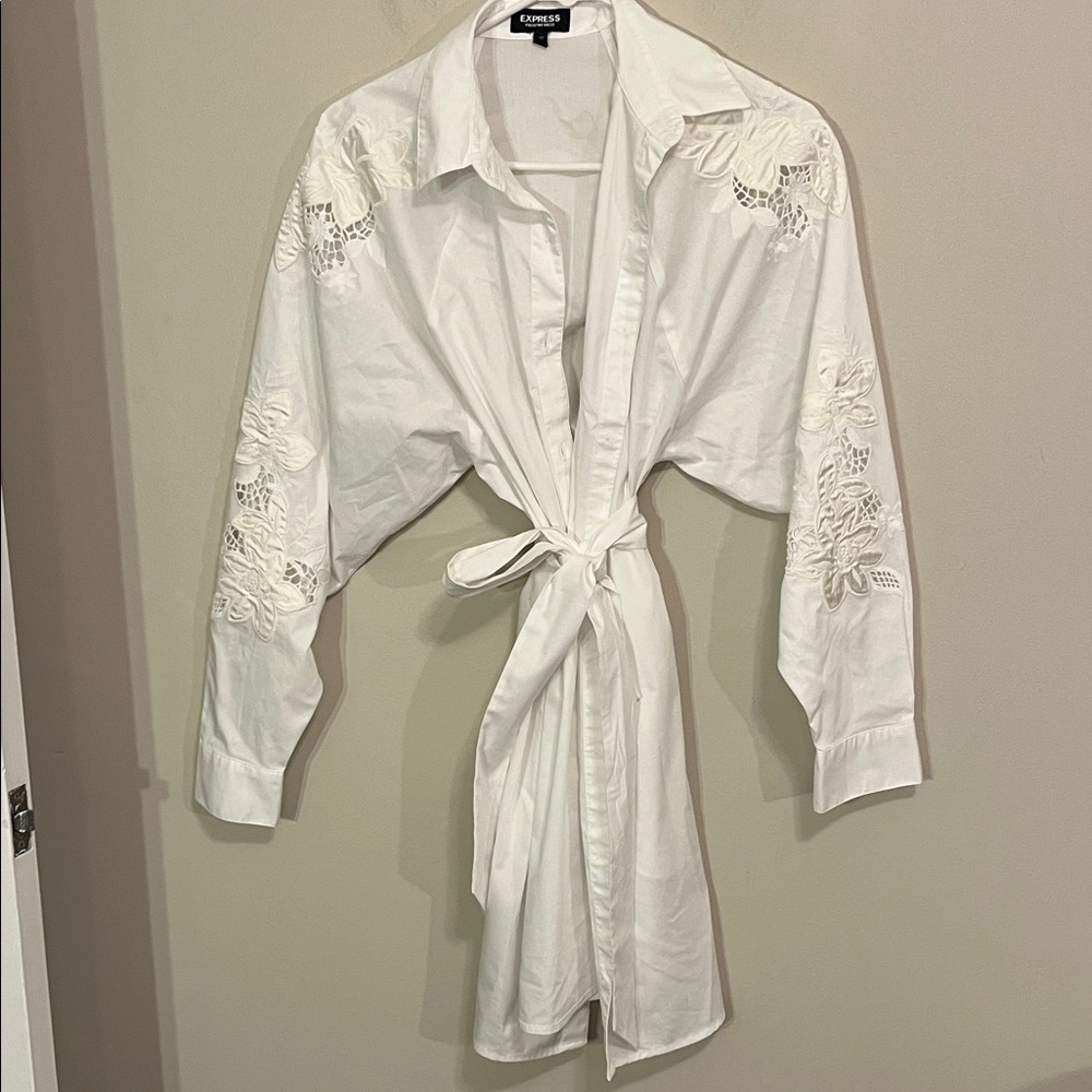 Express White Floral Embroidered Shirt Dress